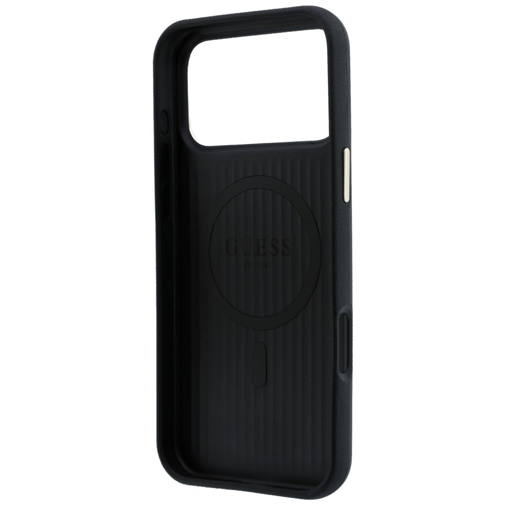 „Guess“ perforēts 4G zelta logotipa „Magsafe“ apvalks iPhone 18 Pro / 17 Pro, melns