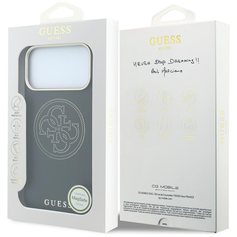 „Guess“ perforēts 4G zelta logotipa „Magsafe“ apvalks iPhone 18 Pro / 17 Pro, melns