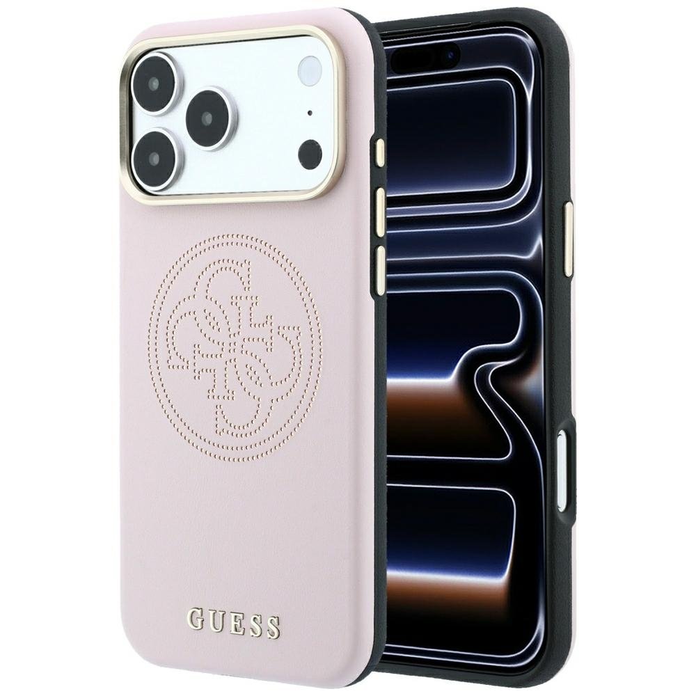 „Guess“ perforēts 4G zelta logotipa „Magsafe“ apvalks iPhone 18 Pro / 17 Pro, rozā krāsā