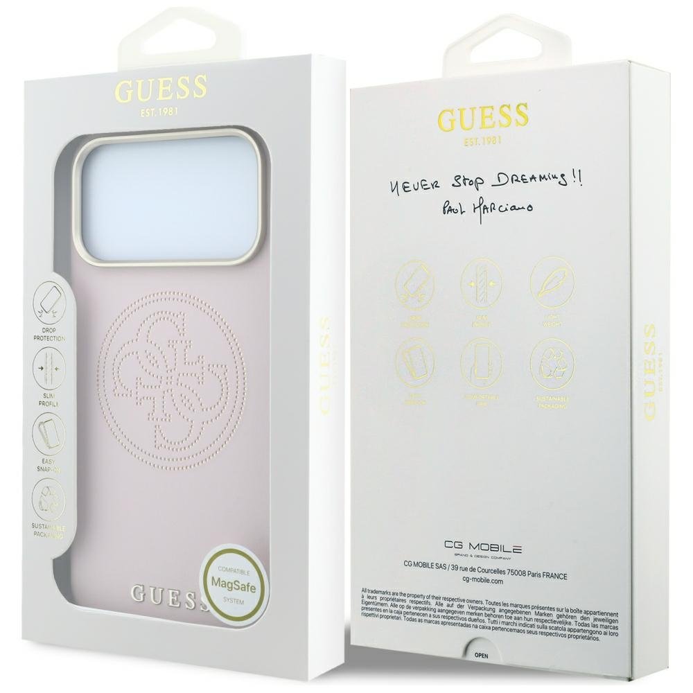 „Guess“ perforēts 4G zelta logotipa „Magsafe“ apvalks iPhone 18 Pro / 17 Pro, rozā krāsā