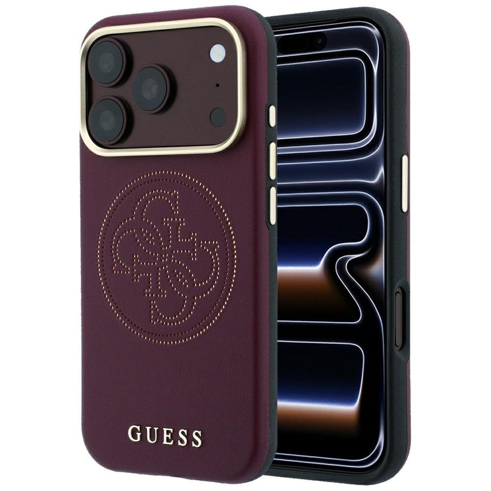 „Guess“ perforētais „Magsafe“ apvalks ar 4G zelta logotipu iPhone 18 Pro Max / 17 Pro Max, bordo krāsā