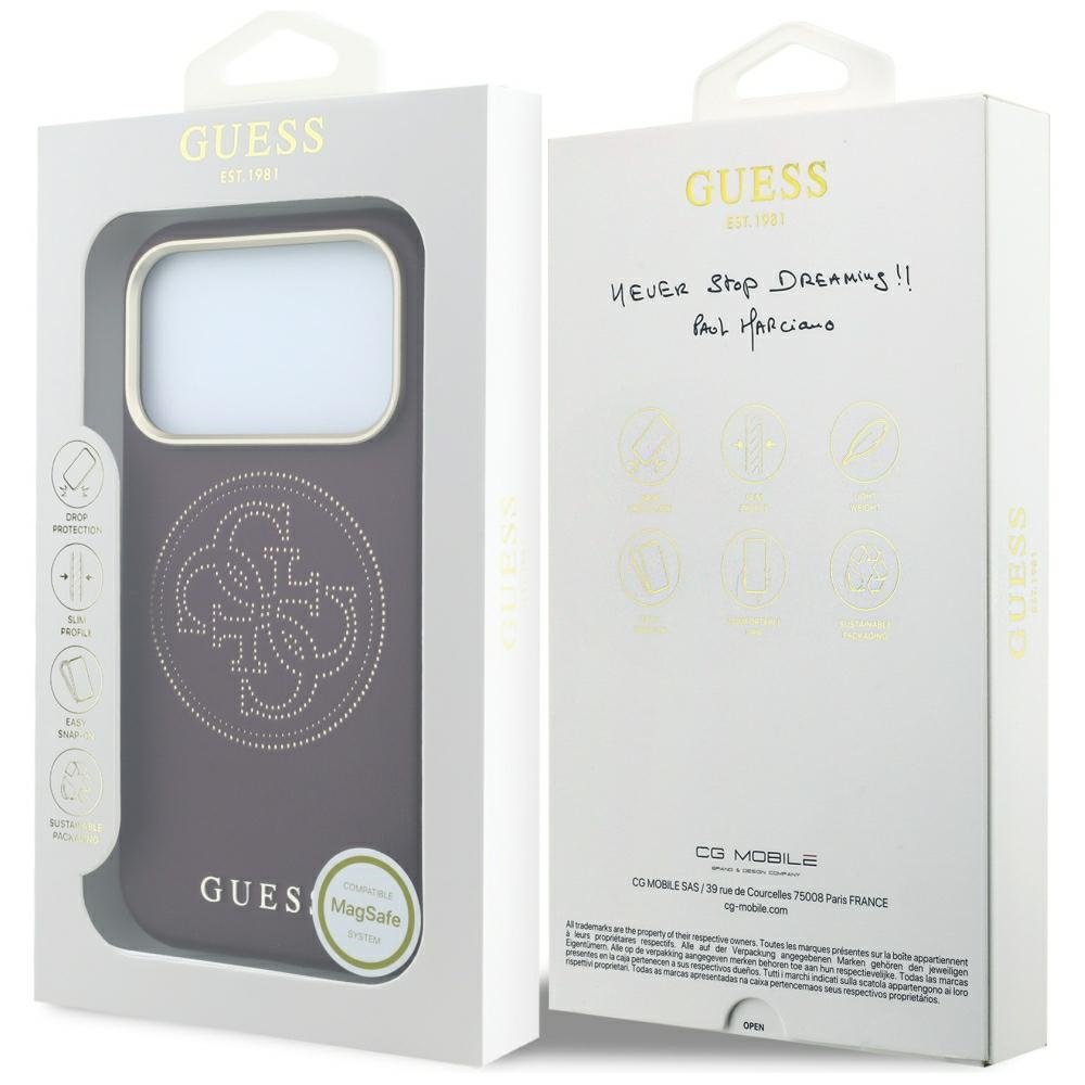 „Guess“ perforētais „Magsafe“ apvalks ar 4G zelta logotipu iPhone 18 Pro Max / 17 Pro Max, bordo krāsā
