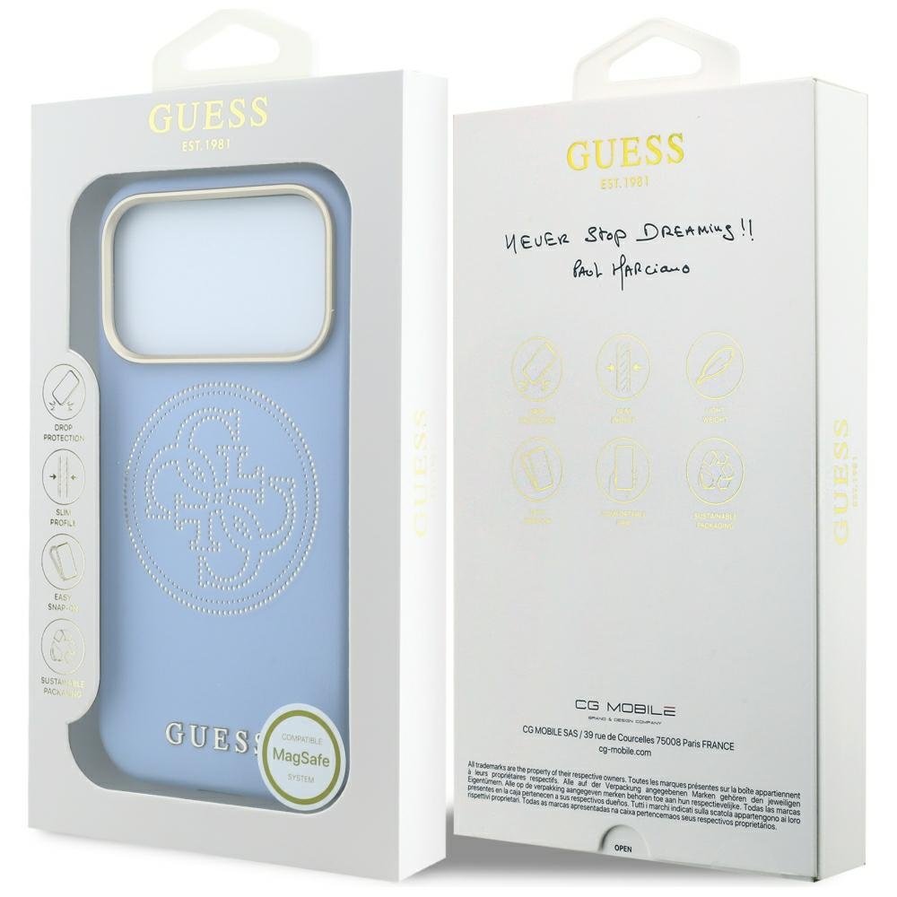 „Guess“ perforētais „Magsafe“ apvalks ar 4G zelta logotipu iPhone 18 Pro Max / 17 Pro Max, zils
