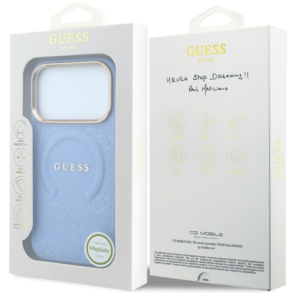 „Guess Saffiano Peony & Ring“ MagSafe apvalks iPhone 18 Pro Max / 17 Pro Max, zils