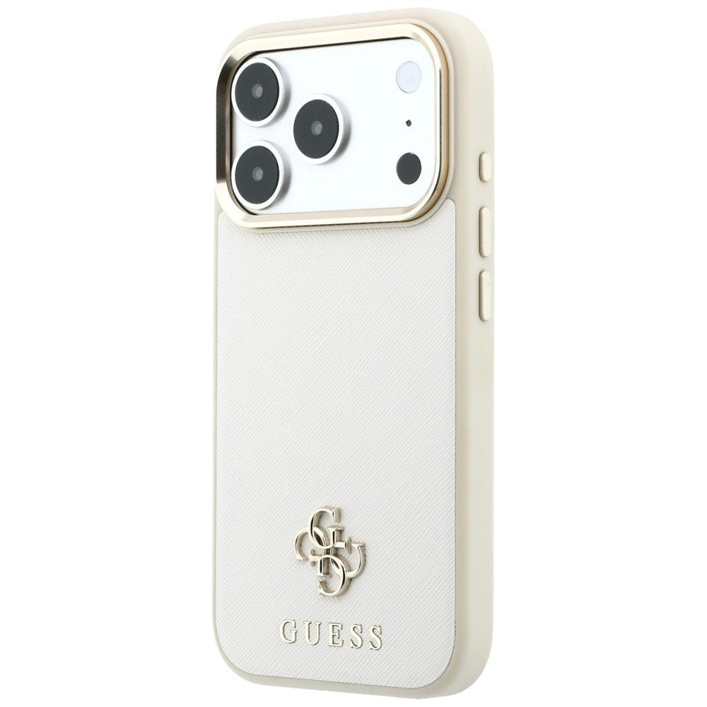 „Guess“ Saffiano Small 4G un Classic Logo MagSafe apvalks iPhone 18 Pro Max / 17 Pro Max, smilškrāsā