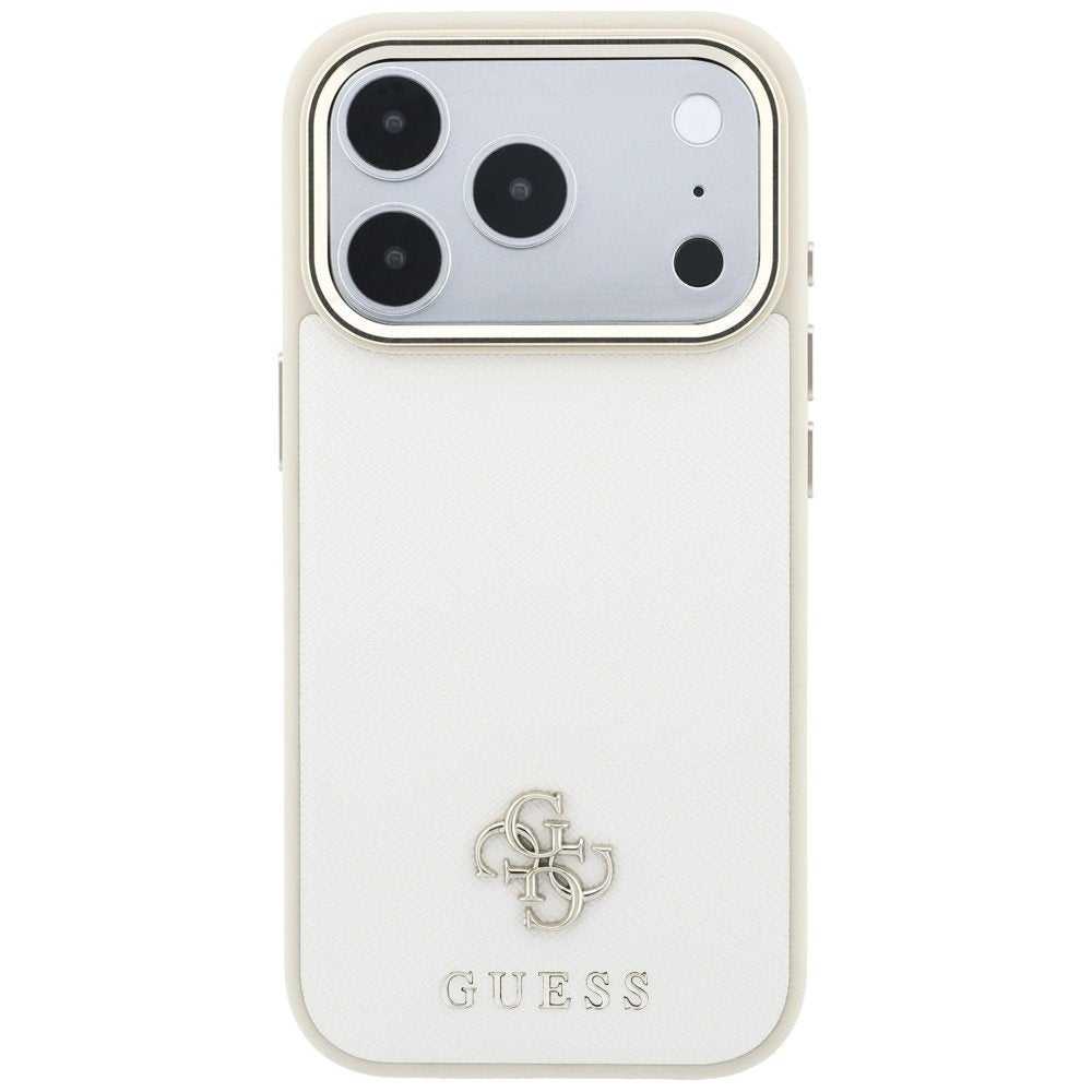 „Guess“ Saffiano Small 4G un Classic Logo MagSafe apvalks iPhone 18 Pro Max / 17 Pro Max, smilškrāsā