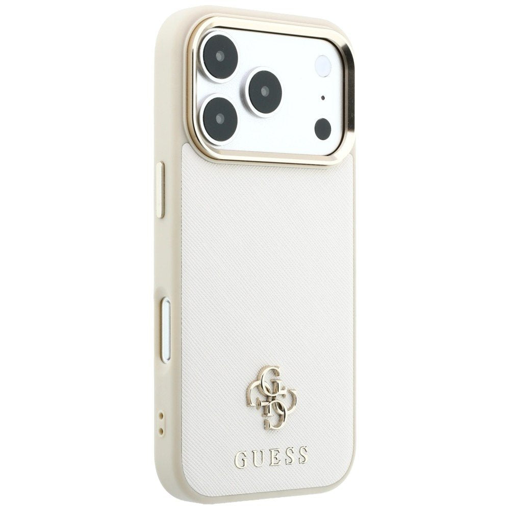 „Guess“ Saffiano Small 4G un Classic Logo MagSafe apvalks iPhone 18 Pro Max / 17 Pro Max, smilškrāsā