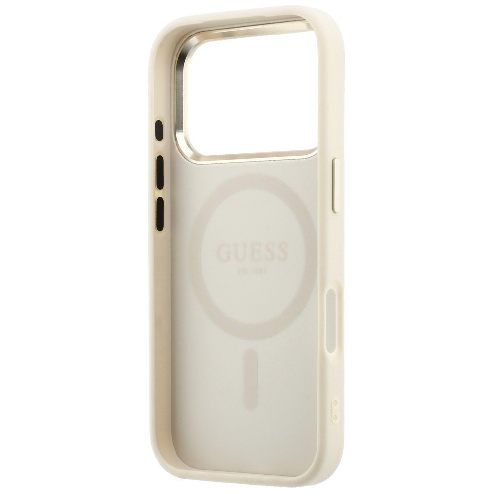 „Guess“ Saffiano Small 4G un Classic Logo MagSafe apvalks iPhone 18 Pro Max / 17 Pro Max, smilškrāsā