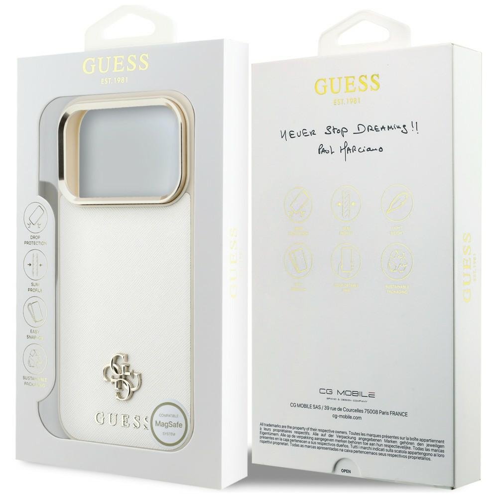 „Guess“ Saffiano Small 4G un Classic Logo MagSafe apvalks iPhone 18 Pro Max / 17 Pro Max, smilškrāsā