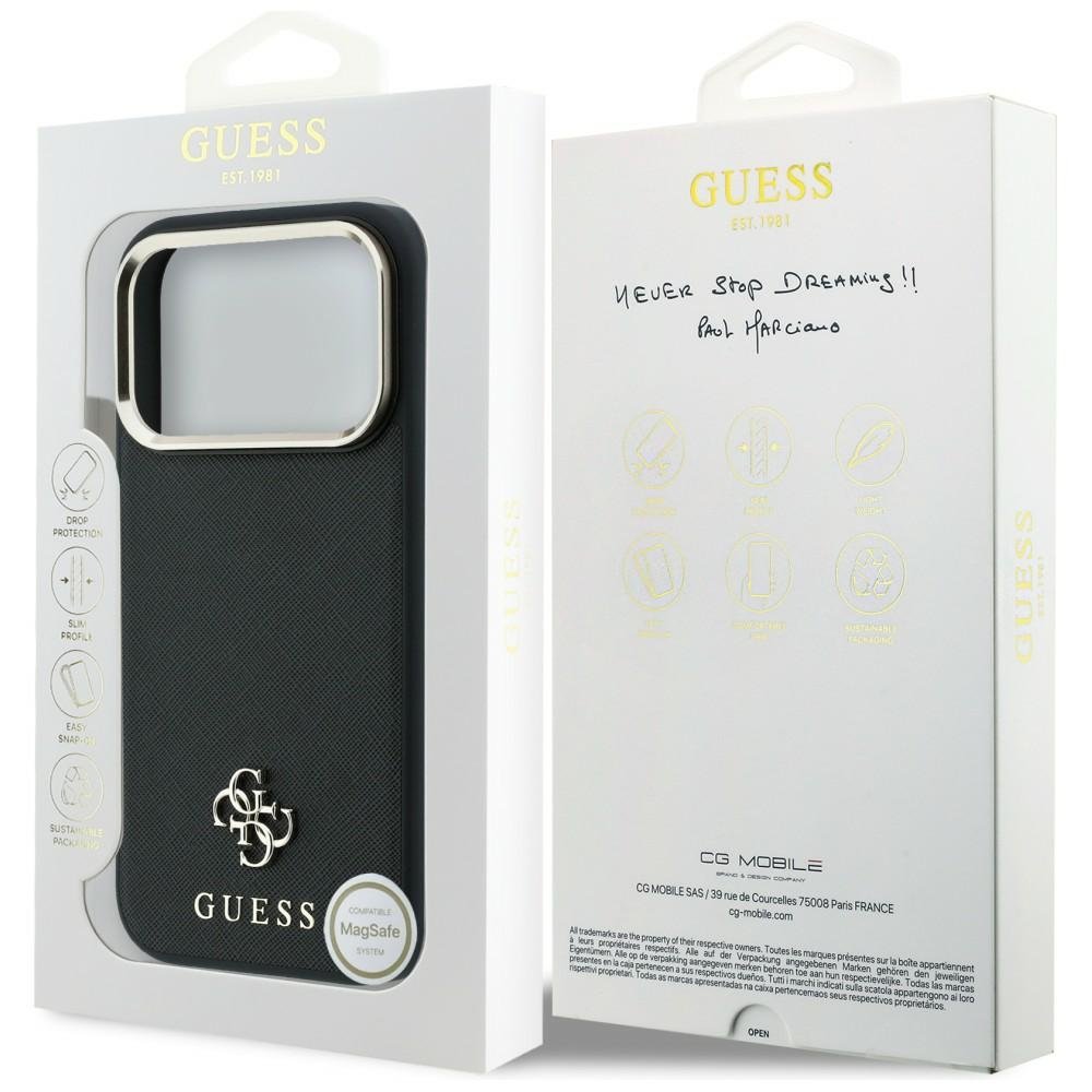 Guess Saffiano Small 4G un Classic Logo MagSafe vāciņš iPhone 18 Pro Max / 17 Pro Max, melns