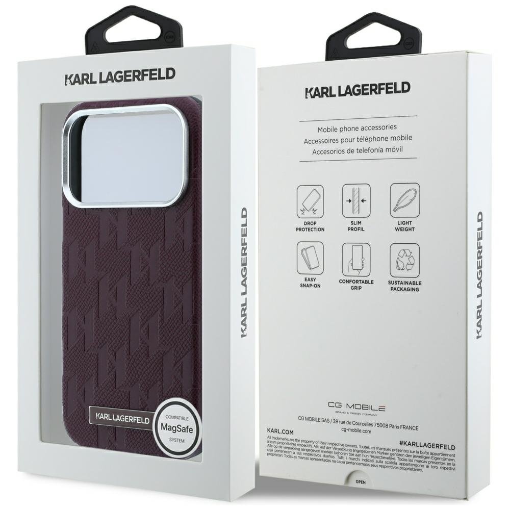Karl Lagerfeld „Grained Mono Resin Logo MagSafe“ apvalks iPhone 18 Pro Max / 17 Pro Max, bordo krāsā