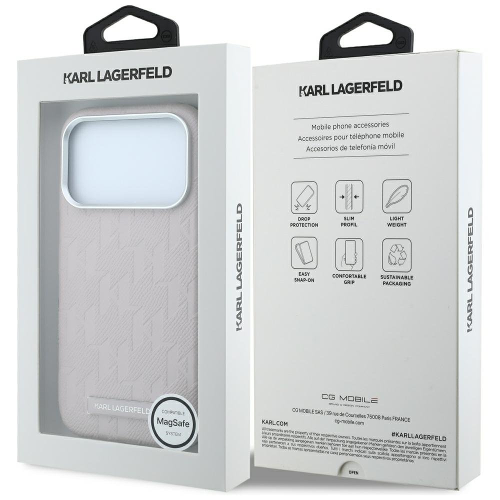 Karl Lagerfeld „Grained Mono Resin Logo MagSafe“ apvalks iPhone 18 Pro / 17 Pro, rozā krāsā