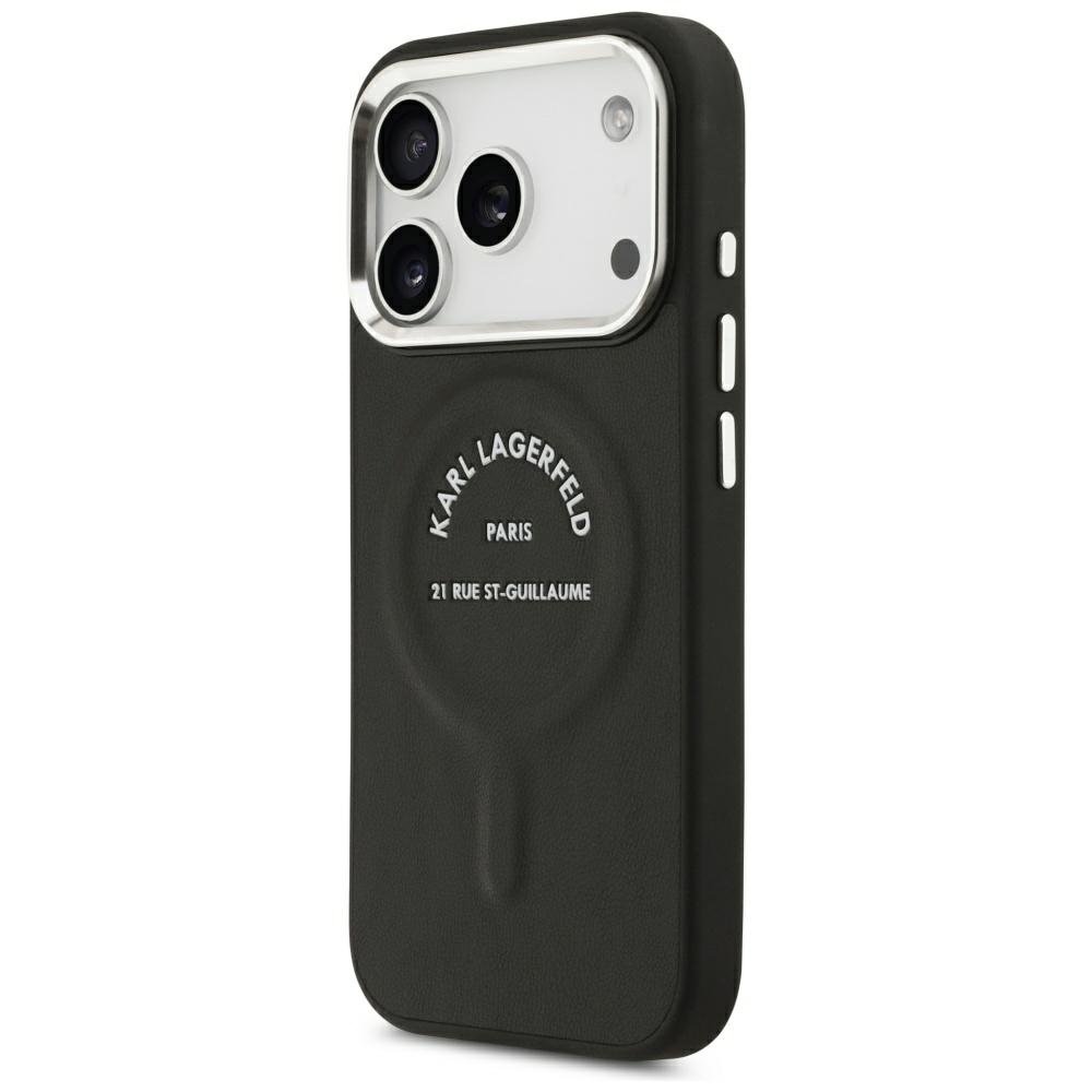 Karl Lagerfeld reljefais atvērtais gredzens ar RSG logotipu un MagSafe funkciju iPhone 18 Pro / 17 Pro, melns