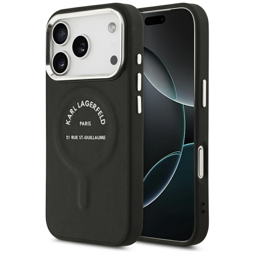 Karl Lagerfeld reljefēts atvērta tipa gredzens ar RSG logotipu un MagSafe funkciju iPhone 18 Pro Max / 17 Pro Max, melns