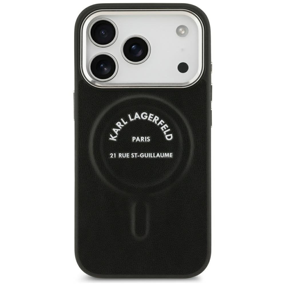 Karl Lagerfeld reljefēts atvērta tipa gredzens ar RSG logotipu un MagSafe funkciju iPhone 18 Pro Max / 17 Pro Max, melns