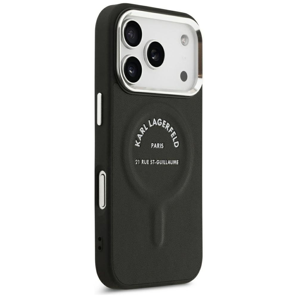 Karl Lagerfeld reljefēts atvērta tipa gredzens ar RSG logotipu un MagSafe funkciju iPhone 18 Pro Max / 17 Pro Max, melns