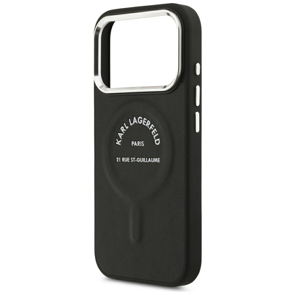Karl Lagerfeld reljefēts atvērta tipa gredzens ar RSG logotipu un MagSafe funkciju iPhone 18 Pro Max / 17 Pro Max, melns
