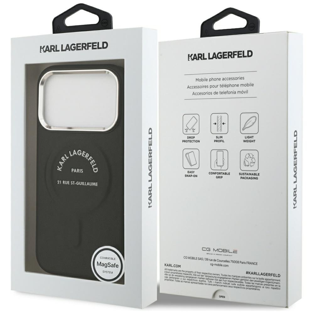 Karl Lagerfeld reljefēts atvērta tipa gredzens ar RSG logotipu un MagSafe funkciju iPhone 18 Pro Max / 17 Pro Max, melns