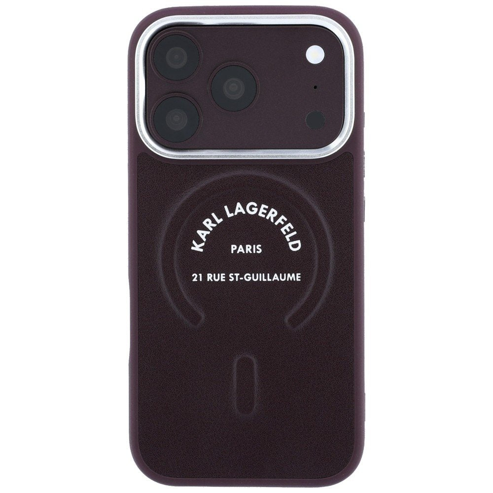 Karl Lagerfeld reljefais atvērtais gredzens ar RSG logotipu un MagSafe funkciju iPhone 18 Pro / 17 Pro vāciņš, bordo krāsā