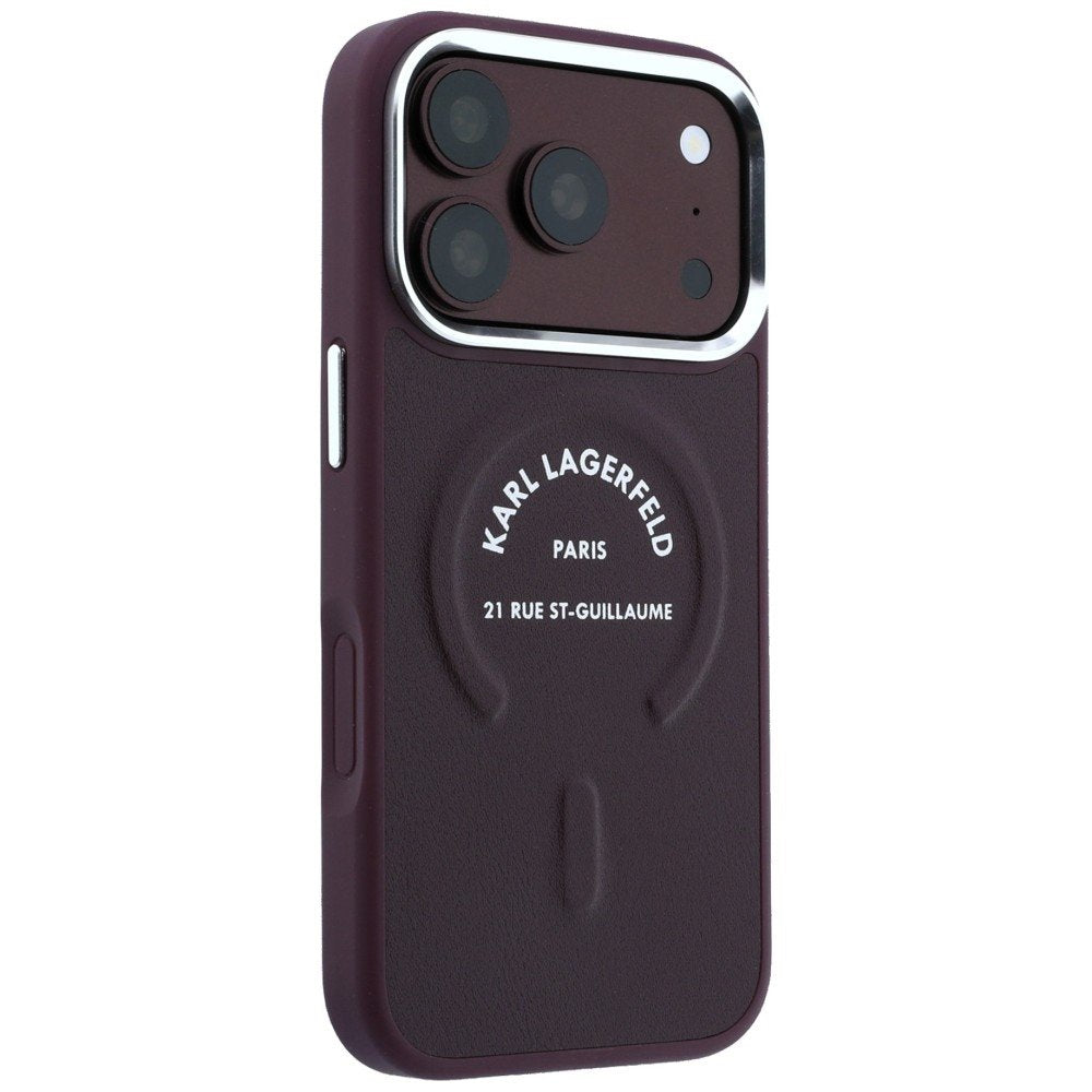 Karl Lagerfeld reljefais atvērtais gredzens ar RSG logotipu un MagSafe funkciju iPhone 18 Pro / 17 Pro vāciņš, bordo krāsā