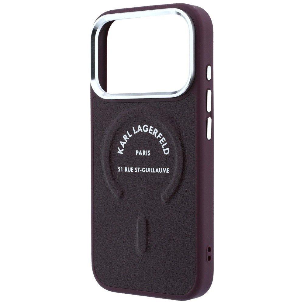 Karl Lagerfeld reljefais atvērtais gredzens ar RSG logotipu un MagSafe funkciju iPhone 18 Pro / 17 Pro vāciņš, bordo krāsā