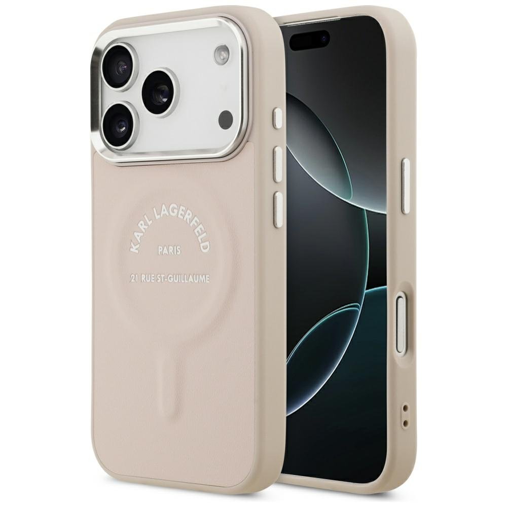 Karl Lagerfeld reljefēts atvērtais gredzens ar RSG logotipu un MagSafe funkciju iPhone 18 Pro / 17 Pro rozā krāsā