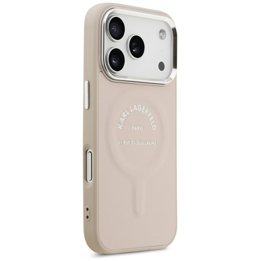 Karl Lagerfeld reljefēts atvērtais gredzens ar RSG logotipu un MagSafe funkciju iPhone 18 Pro / 17 Pro rozā krāsā