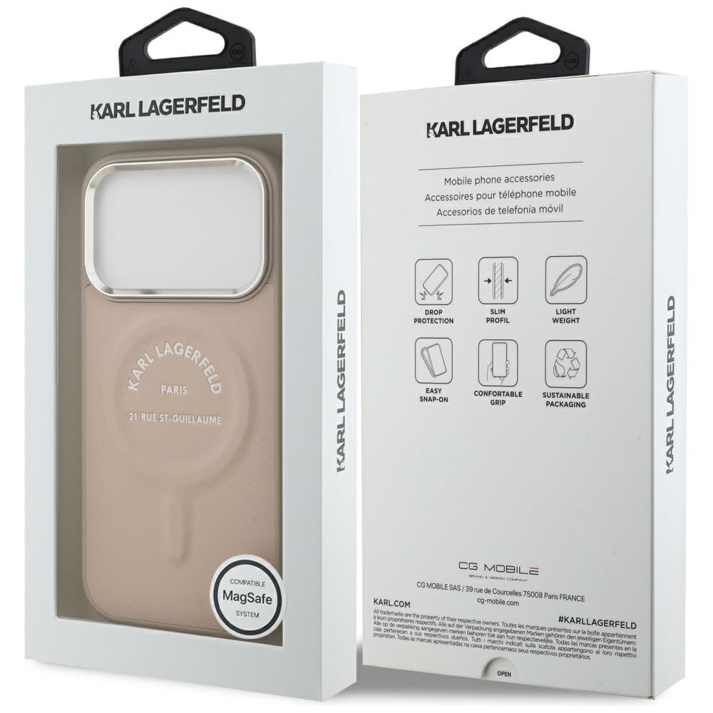 Karl Lagerfeld reljefēts atvērtais gredzens ar RSG logotipu un MagSafe funkciju iPhone 18 Pro / 17 Pro rozā krāsā