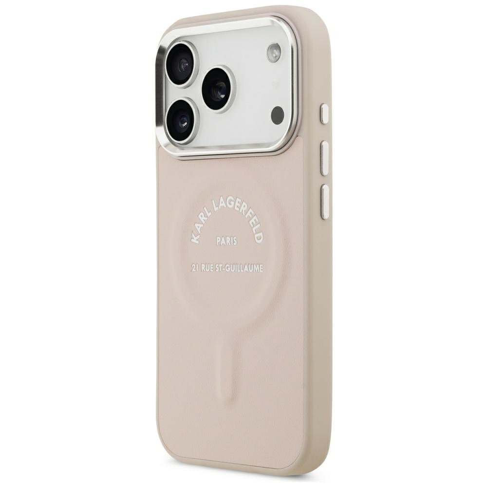 Karl Lagerfeld reljefā izstrādāts atvērts gredzens ar RSG logotipu un MagSafe funkciju iPhone 18 Pro Max / 17 Pro Max rozā krāsā