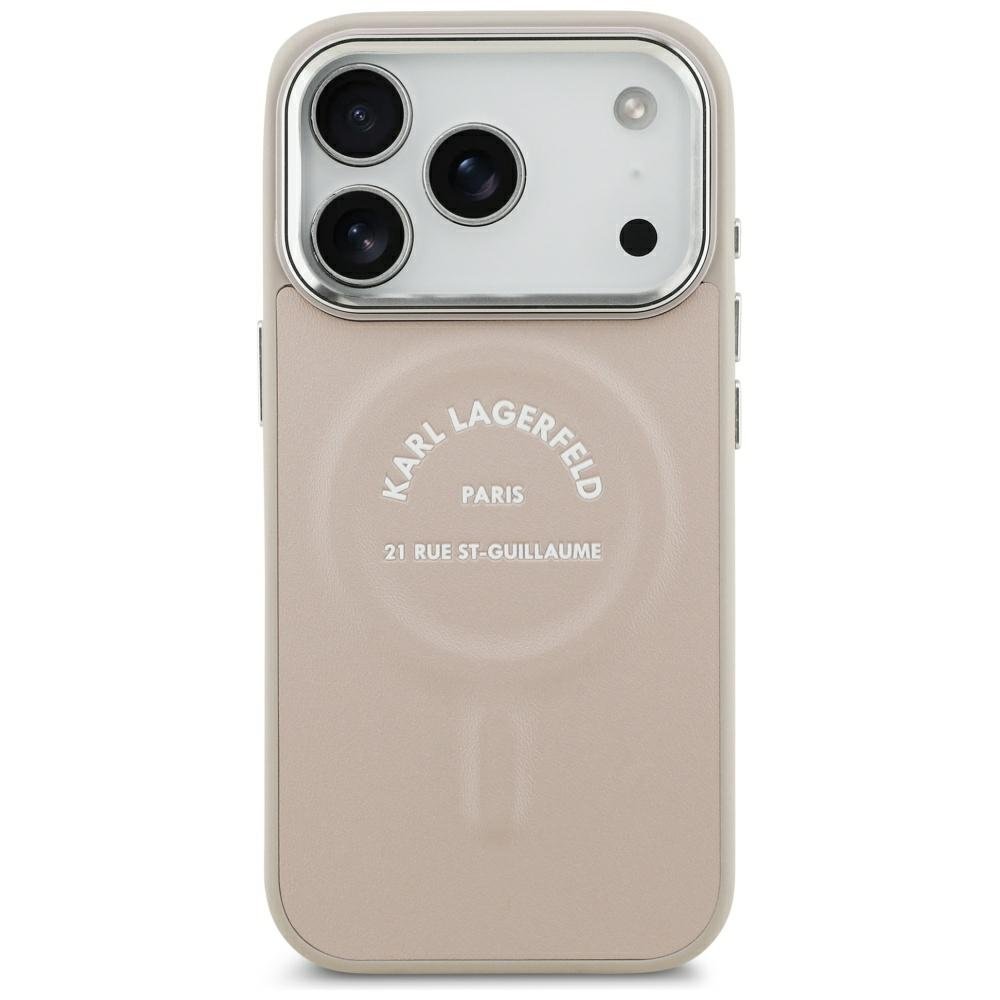 Karl Lagerfeld reljefā izstrādāts atvērts gredzens ar RSG logotipu un MagSafe funkciju iPhone 18 Pro Max / 17 Pro Max rozā krāsā