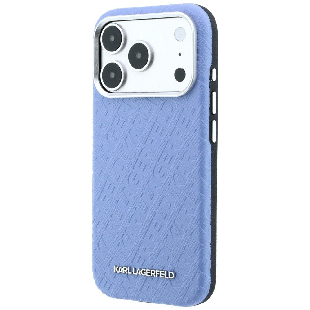 Karl Lagerfeld metāla, garena MagSafe apvalks ar visā virsmā izvietotu logotipu un teksturētu apdari iPhone 18 Pro Max / 17 Pro Max, zils