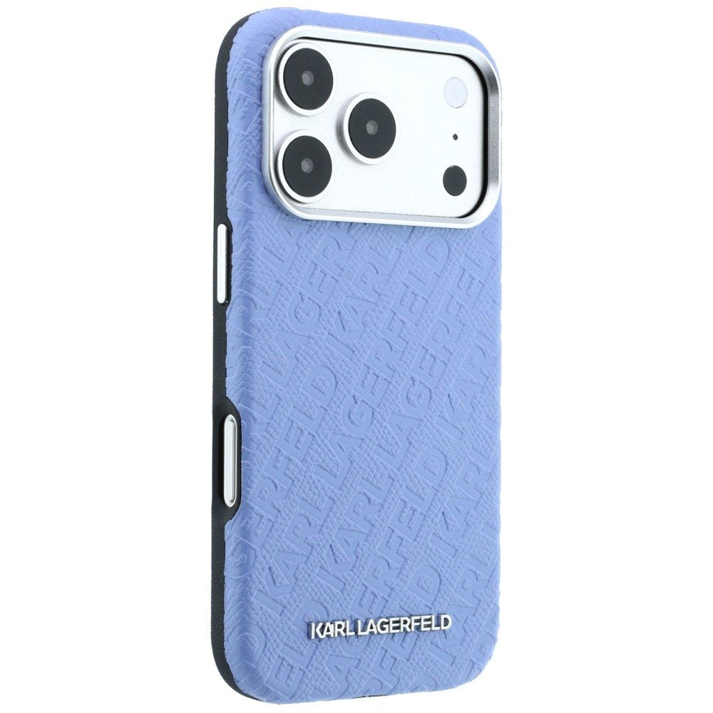 Karl Lagerfeld metāla, garena MagSafe apvalks ar visā virsmā izvietotu logotipu un teksturētu apdari iPhone 18 Pro Max / 17 Pro Max, zils