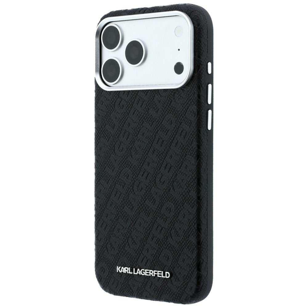 Karl Lagerfeld metāla garenais MagSafe apvalks ar visā virsmā izvietotu logotipu un teksturētu apdari iPhone 18 Pro / 17 Pro, melns