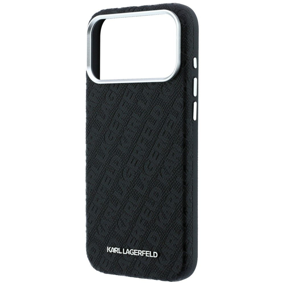 Karl Lagerfeld metāla garenais MagSafe apvalks ar visā virsmā izvietotu logotipu un teksturētu apdari iPhone 18 Pro / 17 Pro, melns