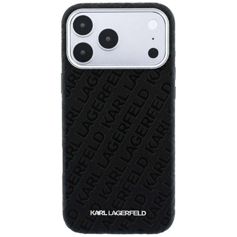 Karl Lagerfeld metāla pagarinātais MagSafe apvalks ar visā virsmā izvietotu logotipu un teksturētu apdari iPhone 18 Pro Max / 17 Pro Max, melns