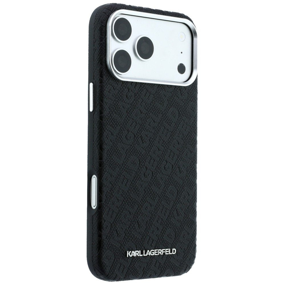 Karl Lagerfeld metāla pagarinātais MagSafe apvalks ar visā virsmā izvietotu logotipu un teksturētu apdari iPhone 18 Pro Max / 17 Pro Max, melns