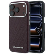 Karl Lagerfeld metāla, garena MagSafe apvalks ar vispārējo logotipa rakstu un graudainu faktūru iPhone 18 Pro / 17 Pro, bordo krāsā