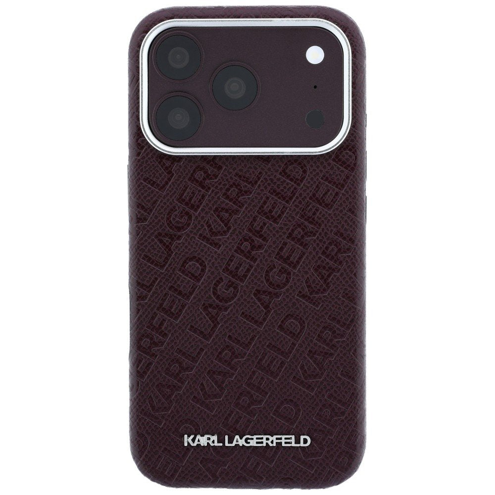 Karl Lagerfeld metāla, garena MagSafe apvalks ar vispārējo logotipa rakstu un graudainu faktūru iPhone 18 Pro / 17 Pro, bordo krāsā