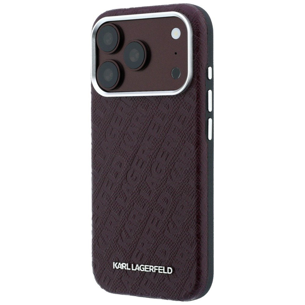 Karl Lagerfeld metāla, garenveida MagSafe apvalks ar visā virsmā izvietotu logotipu un graudainu faktūru iPhone 18 Pro Max / 17 Pro Max, bordo krāsā