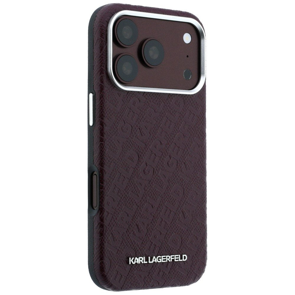Karl Lagerfeld metāla, garenveida MagSafe apvalks ar visā virsmā izvietotu logotipu un graudainu faktūru iPhone 18 Pro Max / 17 Pro Max, bordo krāsā