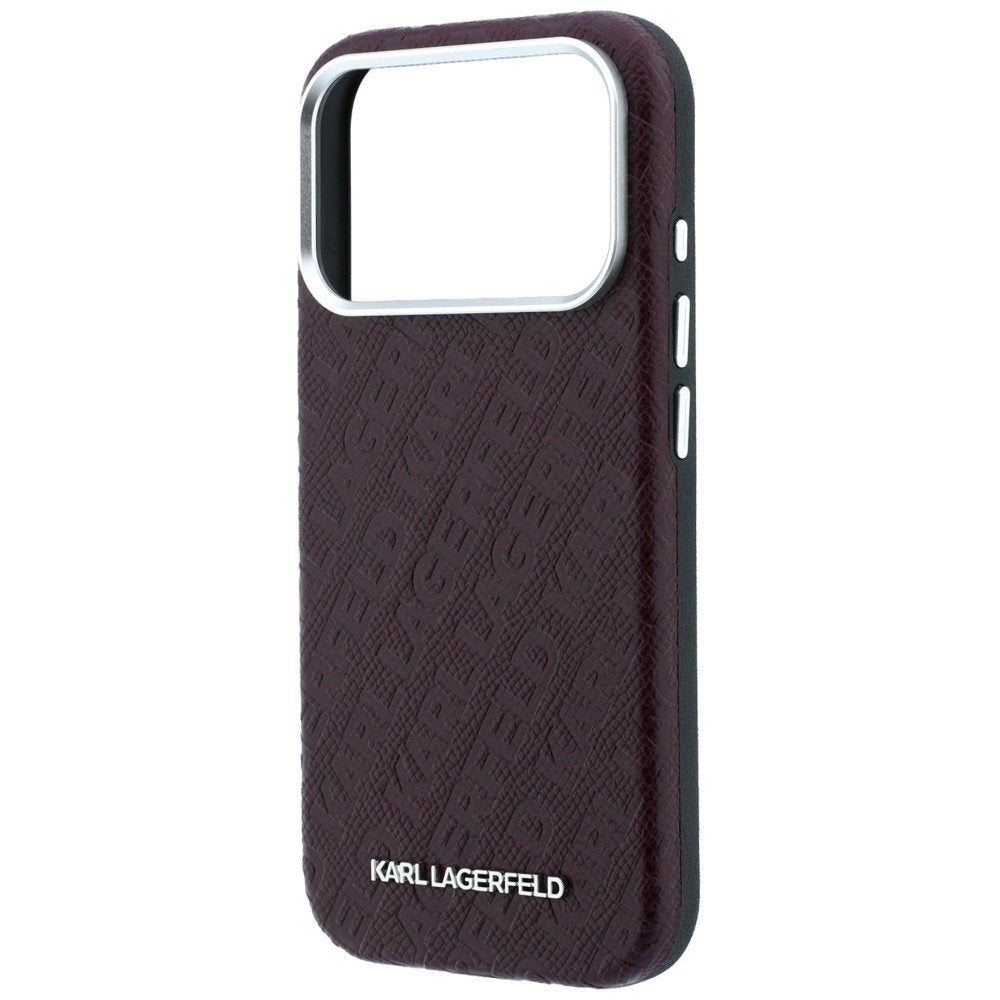 Karl Lagerfeld metāla, garenveida MagSafe apvalks ar visā virsmā izvietotu logotipu un graudainu faktūru iPhone 18 Pro Max / 17 Pro Max, bordo krāsā