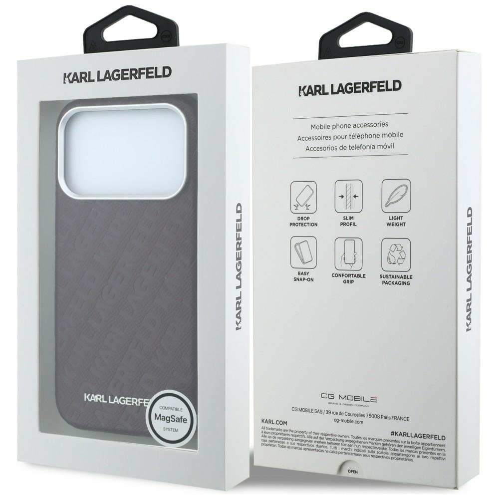 Karl Lagerfeld metāla, garenveida MagSafe apvalks ar visā virsmā izvietotu logotipu un graudainu faktūru iPhone 18 Pro Max / 17 Pro Max, bordo krāsā
