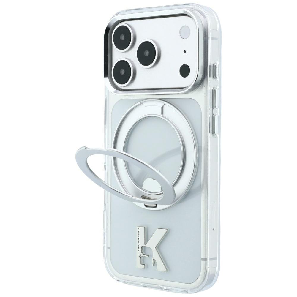 Karl Lagerfeld IML Ring Stand 360 Kameo metāla MagSafe apvalks iPhone 18 Pro / 17 Pro, caurspīdīgs