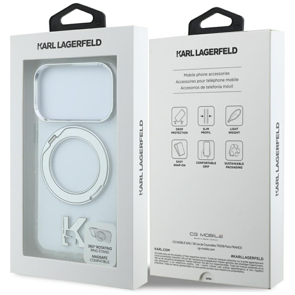 Karl Lagerfeld IML Ring Stand 360 Kameo metāla MagSafe apvalks iPhone 18 Pro / 17 Pro, caurspīdīgs