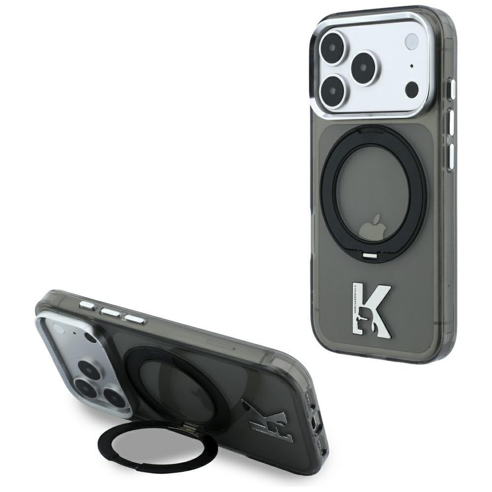 Karl Lagerfeld IML Ring Stand 360 Kameo metāla MagSafe apvalks iPhone 18 Pro / 17 Pro, melns