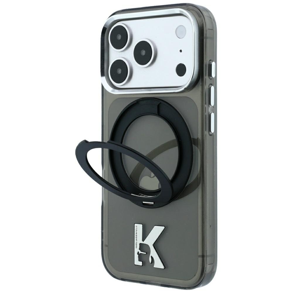 Karl Lagerfeld IML Ring Stand 360 Kameo metāla MagSafe apvalks iPhone 18 Pro Max / 17 Pro Max, melns