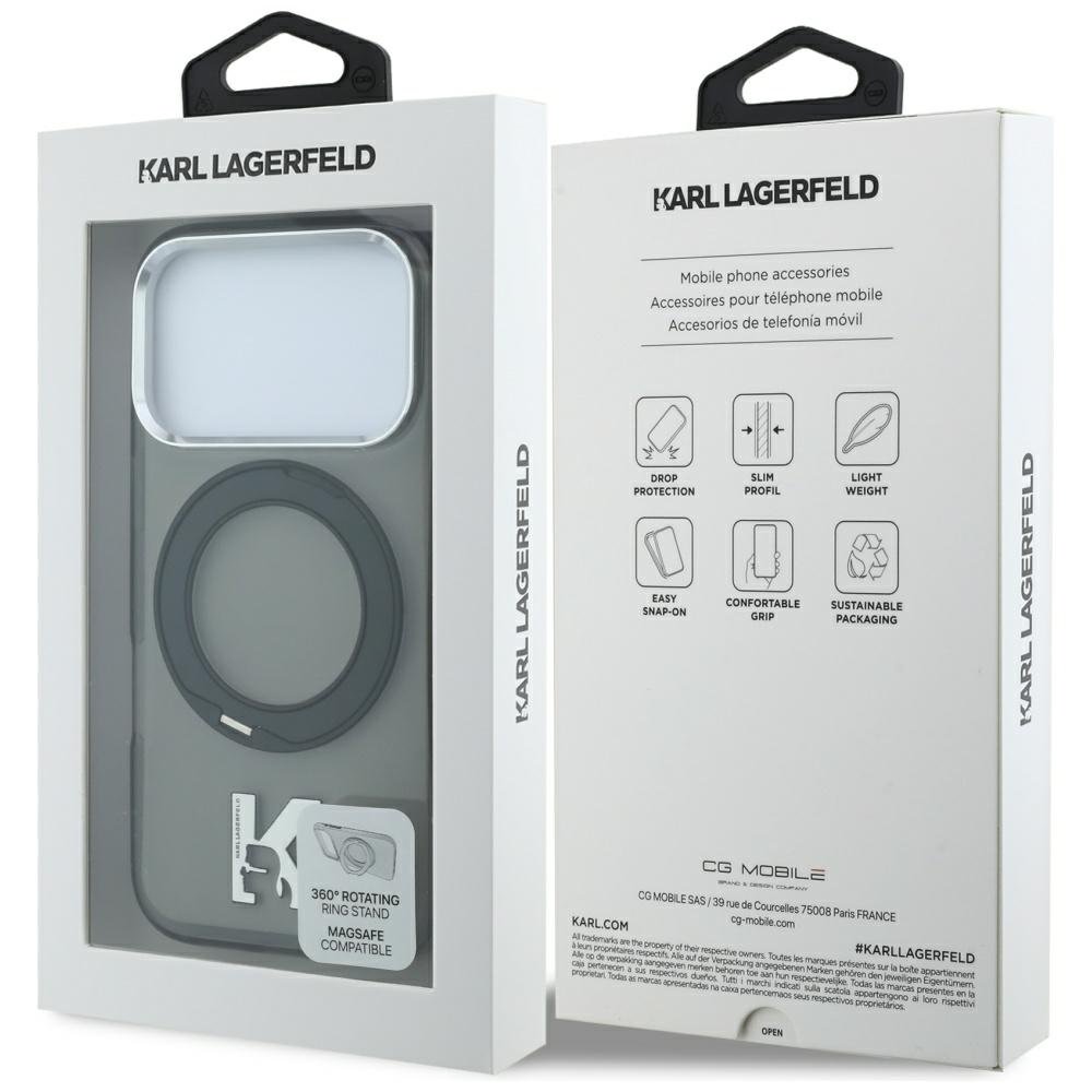 Karl Lagerfeld IML Ring Stand 360 Kameo metāla MagSafe apvalks iPhone 18 Pro Max / 17 Pro Max, melns