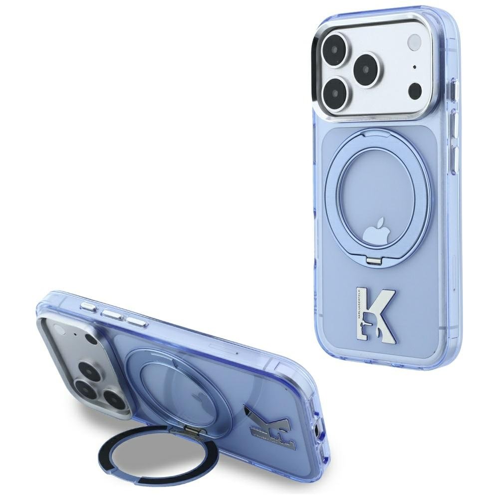 Karl Lagerfeld IML Ring Stand 360 Kameo metāla MagSafe apvalks iPhone 18 Pro / 17 Pro, zils