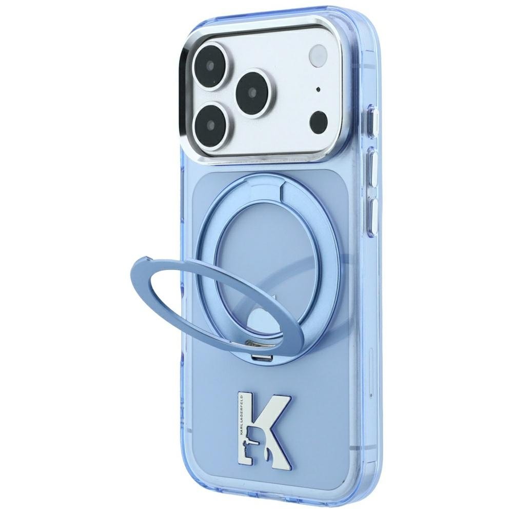 Karl Lagerfeld IML Ring Stand 360 Kameo metāla MagSafe apvalks iPhone 18 Pro / 17 Pro, zils