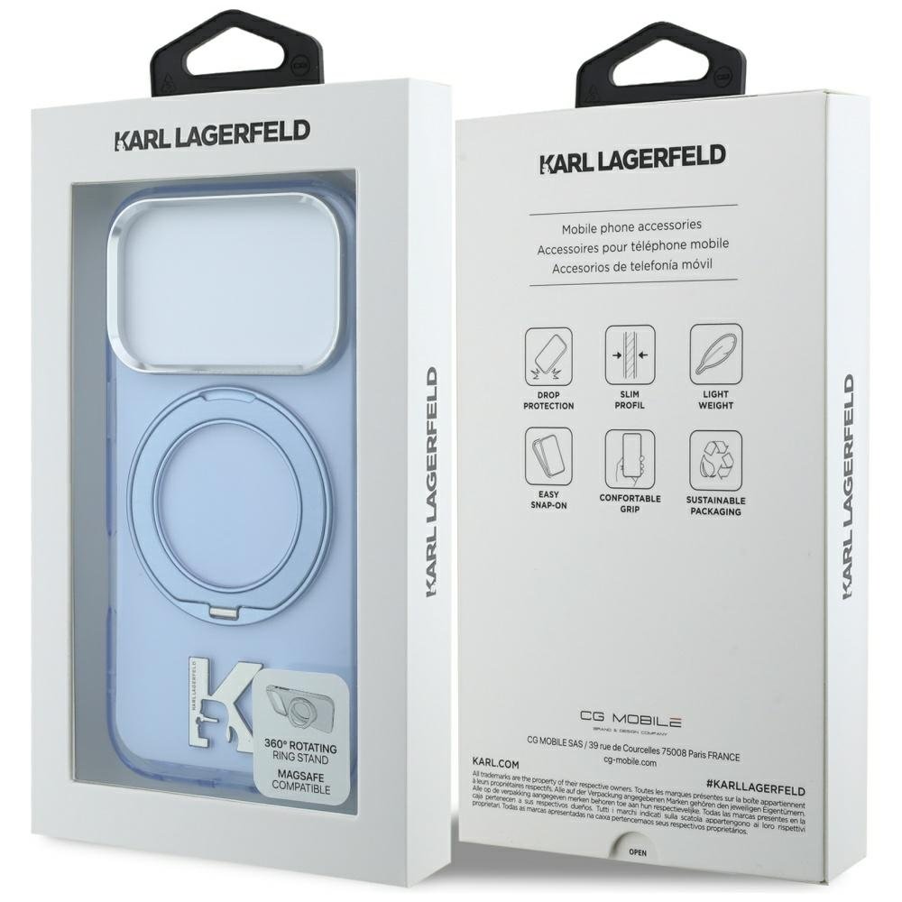 Karl Lagerfeld IML Ring Stand 360 Kameo metāla MagSafe apvalks iPhone 18 Pro / 17 Pro, zils